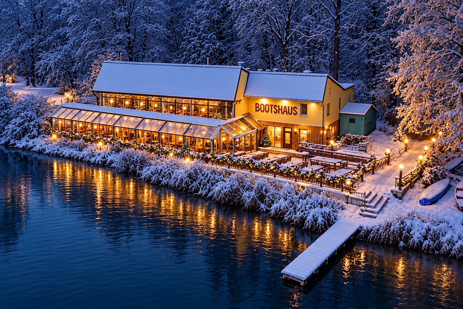 Winterlich bearbeitetes Originalfoto des Bootshauses am Kuhsee mit Schnee und warmer Beleuchtung